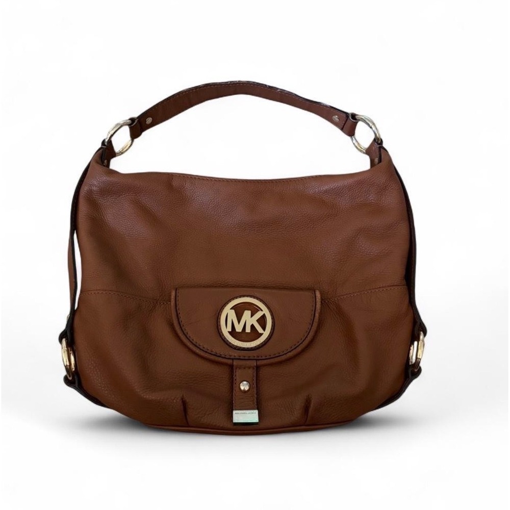 Michael Kors Fulton Brown Pebbled Leather Hobo Shoulder Bag MK Logo Luxury